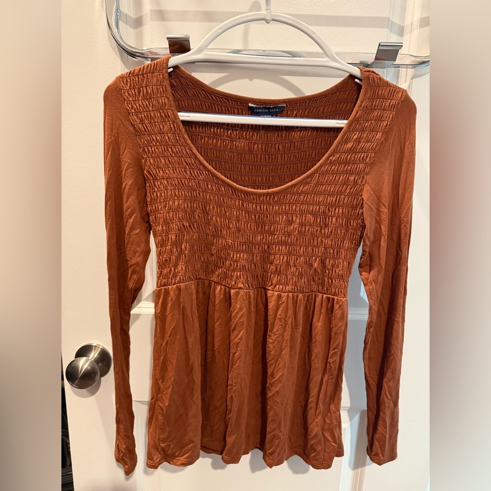 American Eagle Outfitters Brown Long Sleeve Smocked Peplum Blouse